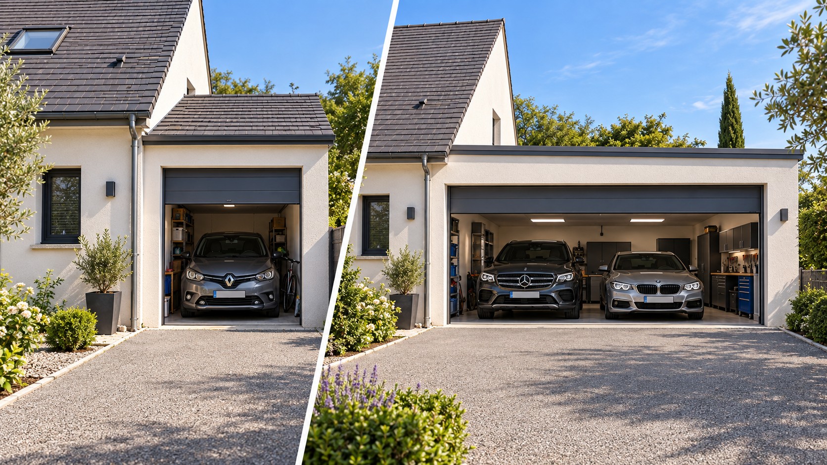Garage agrandi pour créer une seconde place ou un espace atelier supplémentaire.