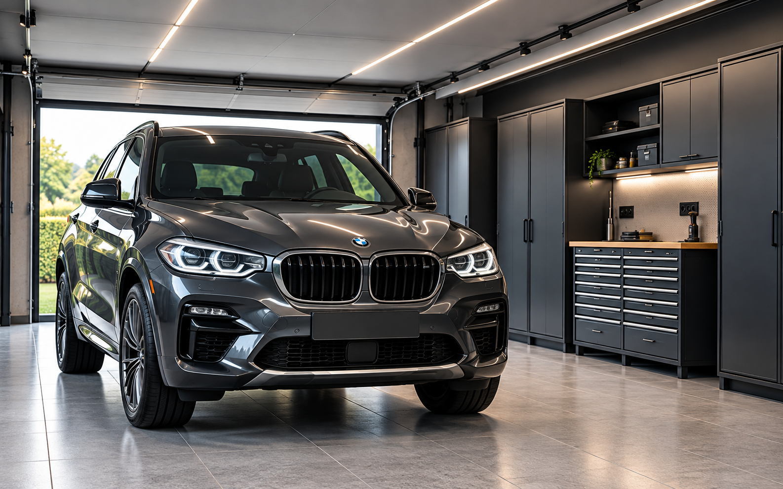 Garage avec BMW X5 et éclairage étudié.