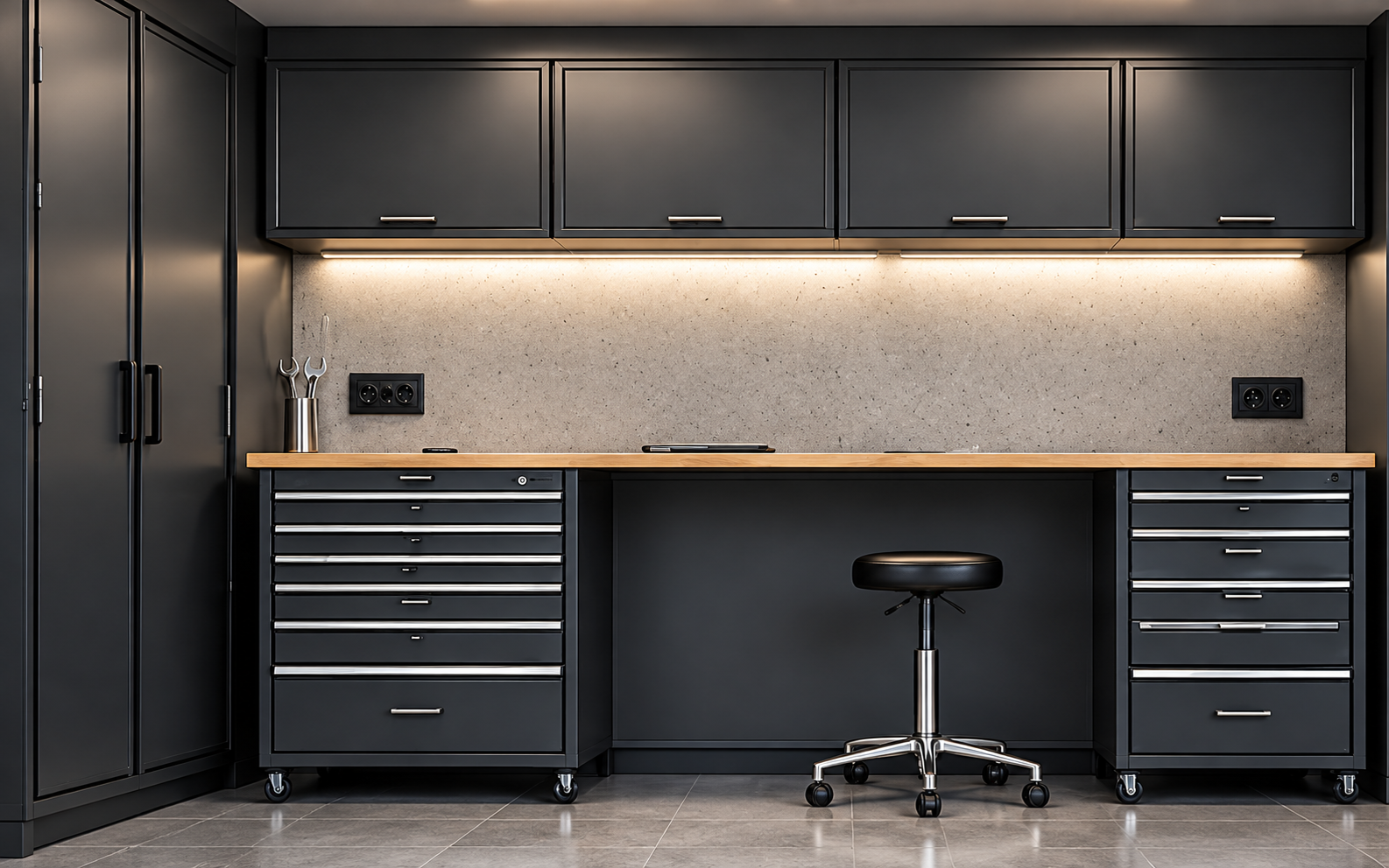 Mobilier d’atelier anthracite intégré dans un garage épuré.