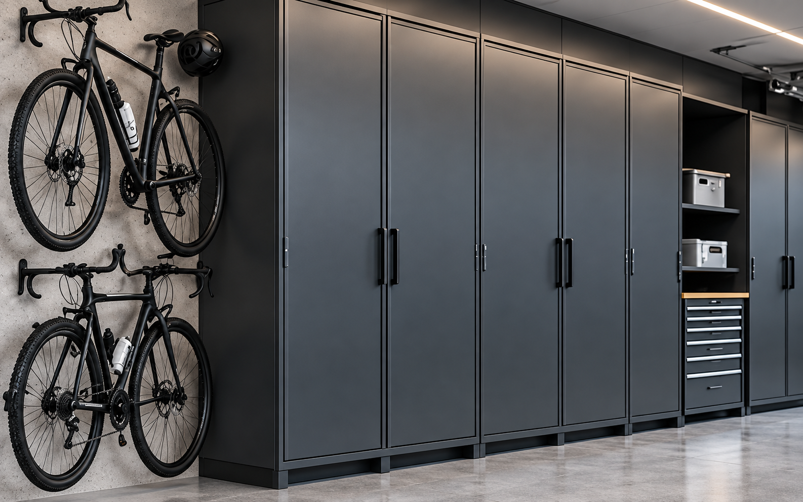 Armoires de rangement anthracite et deux vélos rangés verticalement.