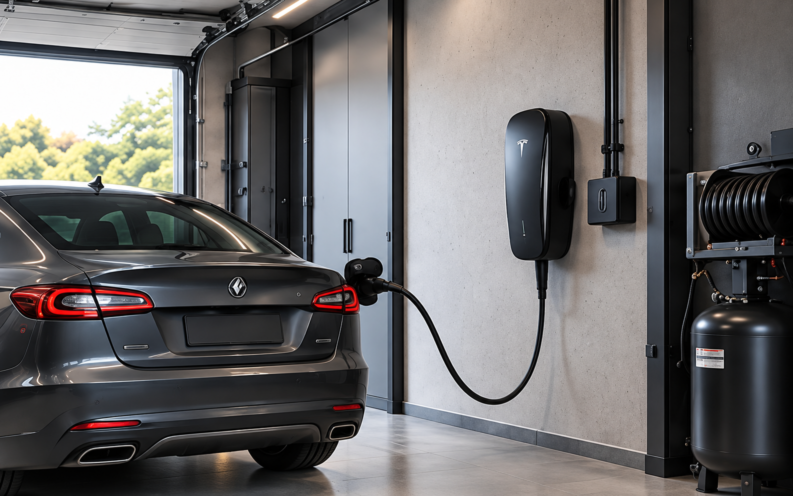 Tesla Model 3 en recharge dans un garage équipé.